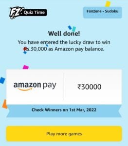 Amazon Funzone Sudoku Quiz Answers Solve & Win ₹30,000 2 IMG 20220216 134206
