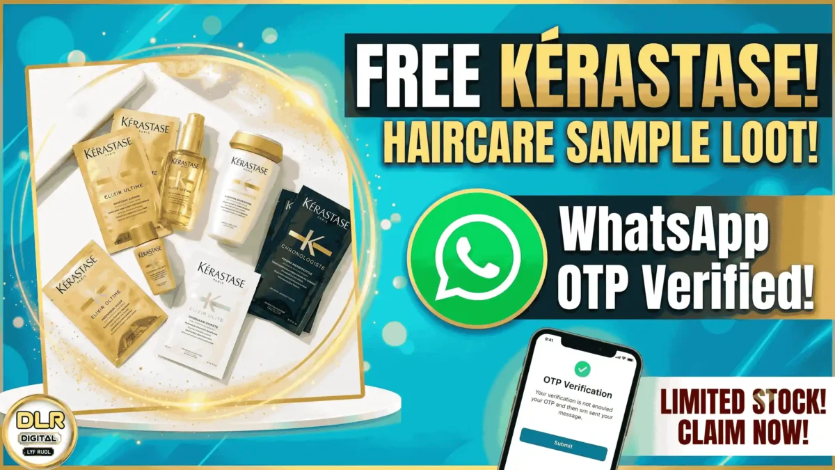 Promotional thumbnail showing FREE Kérastase Haircare Sample 2026 sample bottles and sachets with WhatsApp OTP verification badge