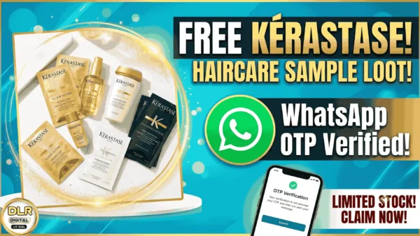 Promotional thumbnail showing FREE Kérastase Haircare Sample 2026 sample bottles and sachets with WhatsApp OTP verification badge