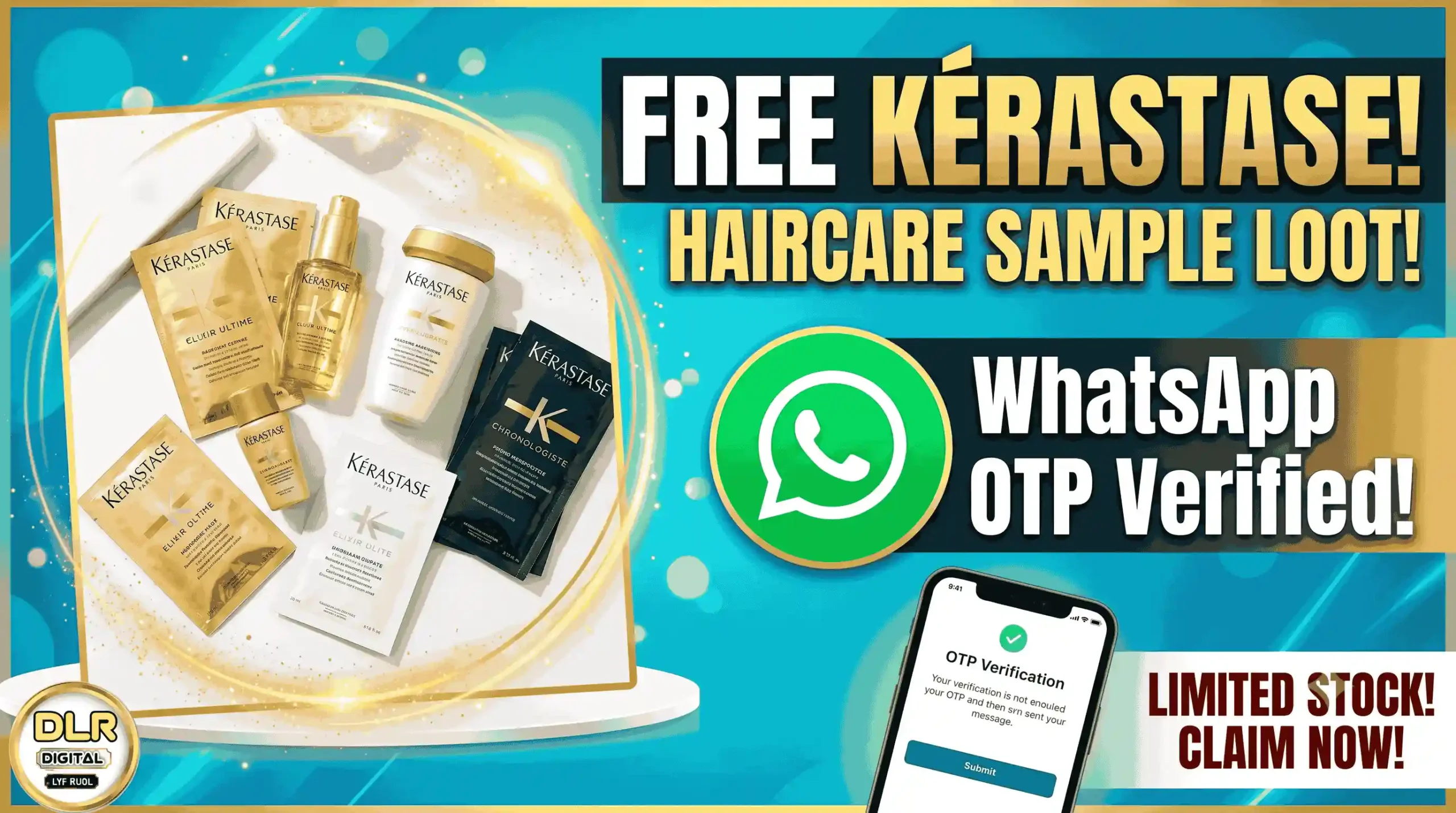 Promotional thumbnail showing free Kérastase haircare sample bottles and sachets with WhatsApp OTP verification badge.
