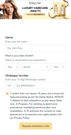 Screenshot of the Freestand form page where users fill in their details and address to claim the free Kérastase sample.